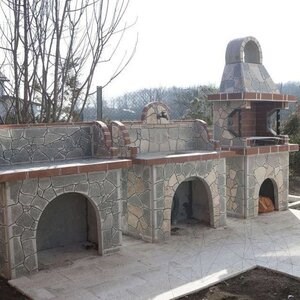 Family Garden Furniture Set, Traditional (Grill, Holzkohle/Holz, Tisch, Spüle) - polygonaler Stein, Ziegel