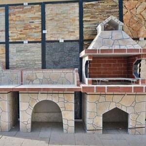 Family Garden Furniture Set, Traditional (Grill, Holzkohle/Holz, Tisch, Spüle) - polygonaler Stein, Ziegel