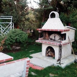 Grill + Integrierter Backofen Mediteraneo (Holzkohle/Holz, 208x120x155 cm, 1200 kg, Rhodos Naturstein, Ziegel)