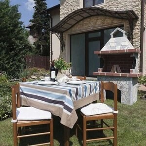Traditioneller Gartengrill Medium (Holzkohle/Holz, 120x70x210 cm, Rhodos-Naturstein, Ziegel)