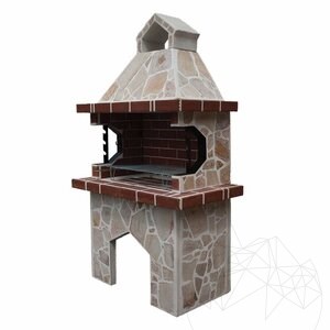 Traditioneller Gartengrill Medium (Holzkohle/Holz, 120x70x210 cm, Rhodos-Naturstein, Ziegel)