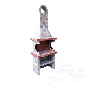 Traditioneller kleiner Gartengrill mit Ablage (Holzkohle/Holz, 100x60x218 cm, 650 kg, Rhodos-Naturstein, Ziegel)