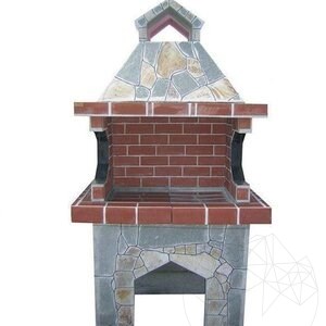 Traditioneller Gartengrill Medium (Holzkohle/Holz, 120x70x210 cm, Rhodos-Naturstein, Ziegel)