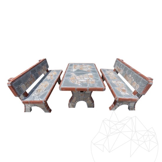Gartenmöbel-Set Traditionell (Tisch: 130x80x71cm, Bank: 140x55x86cm, 620 kg/Set, polygonaler Stein, Ziegel)