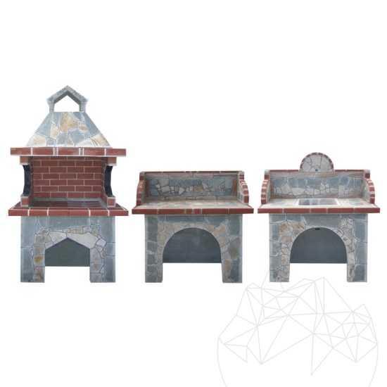 Family Garden Furniture Set, Traditional (Grill, Holzkohle/Holz, Tisch, Spüle) - polygonaler Stein, Ziegel